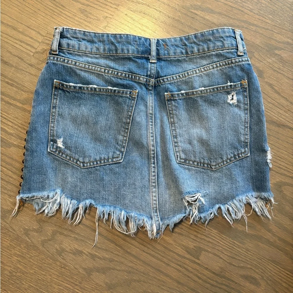 Free People Wild Rose Denim Skirt Embroidered Studs Jean Skirt Womens Size 24